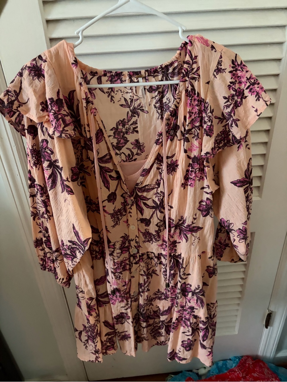 Free People Peach Floral Ruffle V-Neck Mini Dress - Picture 2 of 4